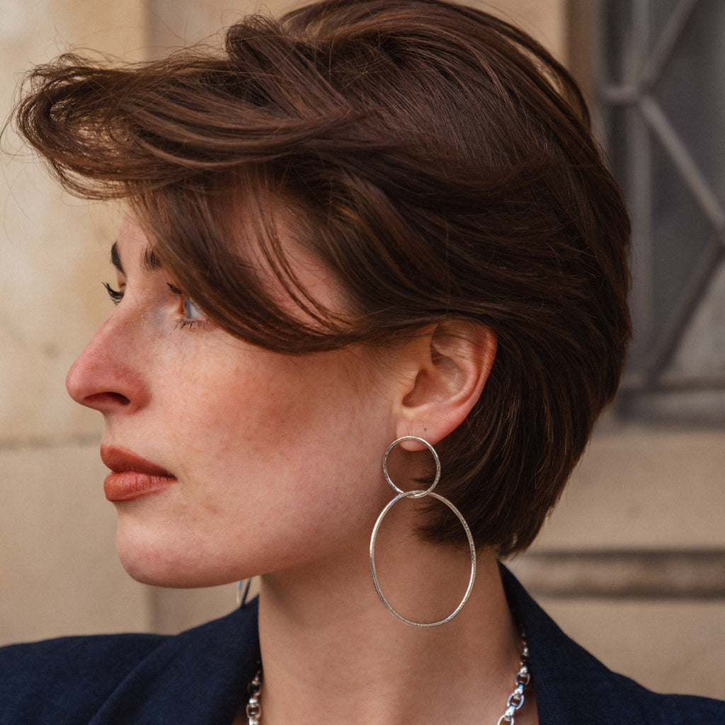 Textured Double Hoop Earrings - Sterling Silver